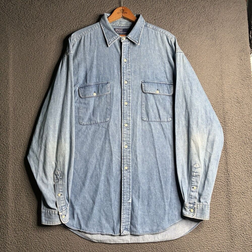 Vintage POLO RALPH LAUREN Double-pocket denim Button Up Shirt Indigo Mens XL